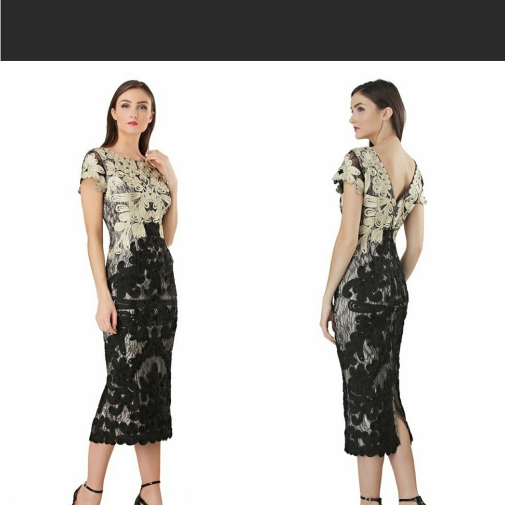 New! JS COLLECTIONS Soutache Embroidered 2-Tone Midi Sheath Dress Gold Black